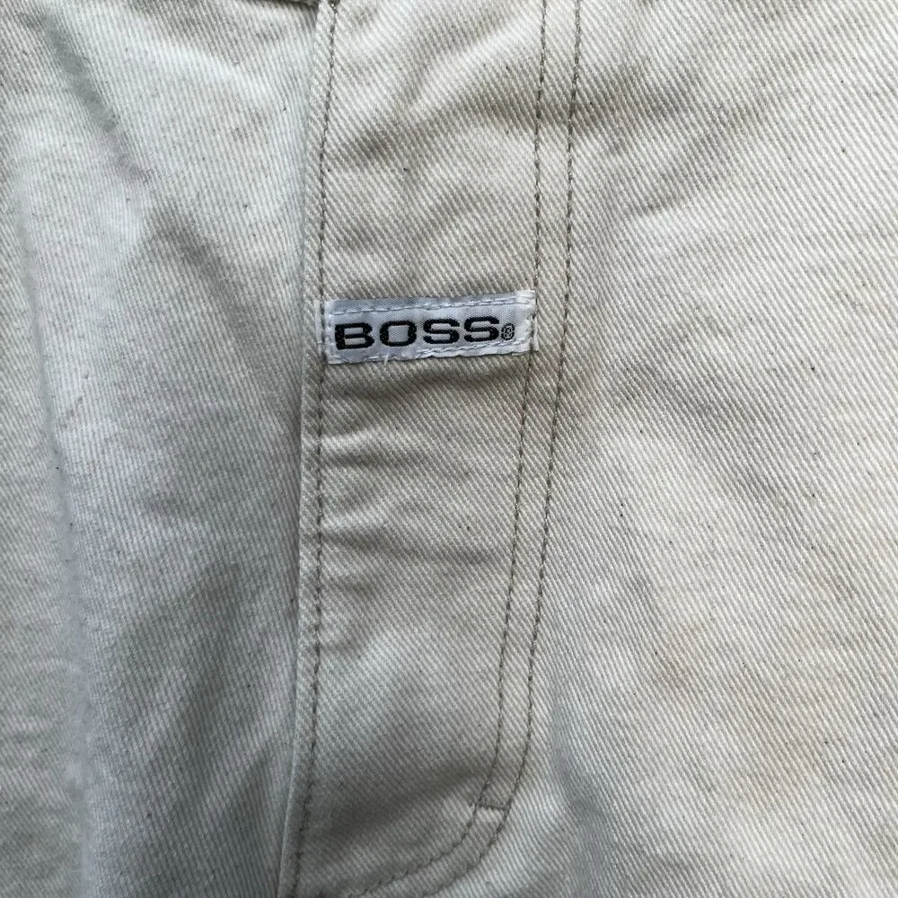Vintage Boss Shorts Mens 36 White Denim Hip Hop Rap 90s Baggy Spellout Logo Fray